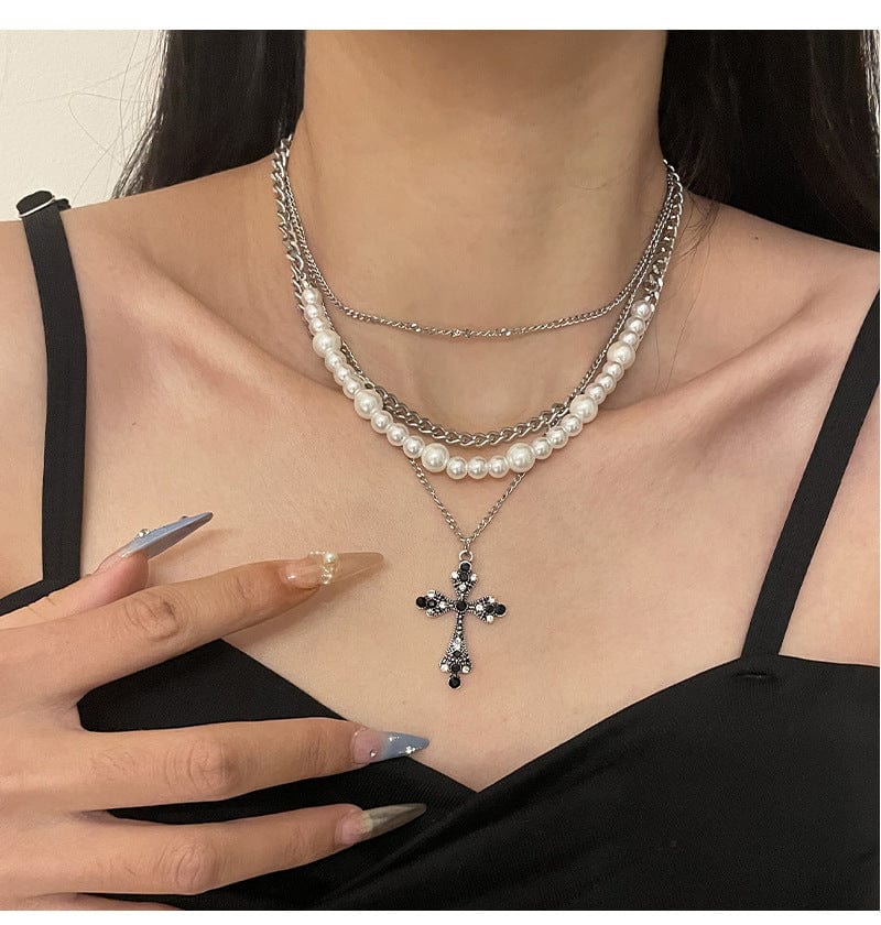 Collier avec pendentif en croix de perles multicouches personnalisé pour femmes, chaîne de clavicule, de tempérament, bijoux, accessoires, cadeaux