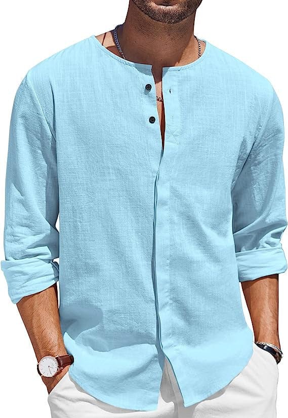 Camiseta de lino y algodón para hombre, cuello decorado con botones, camisa de playa informal