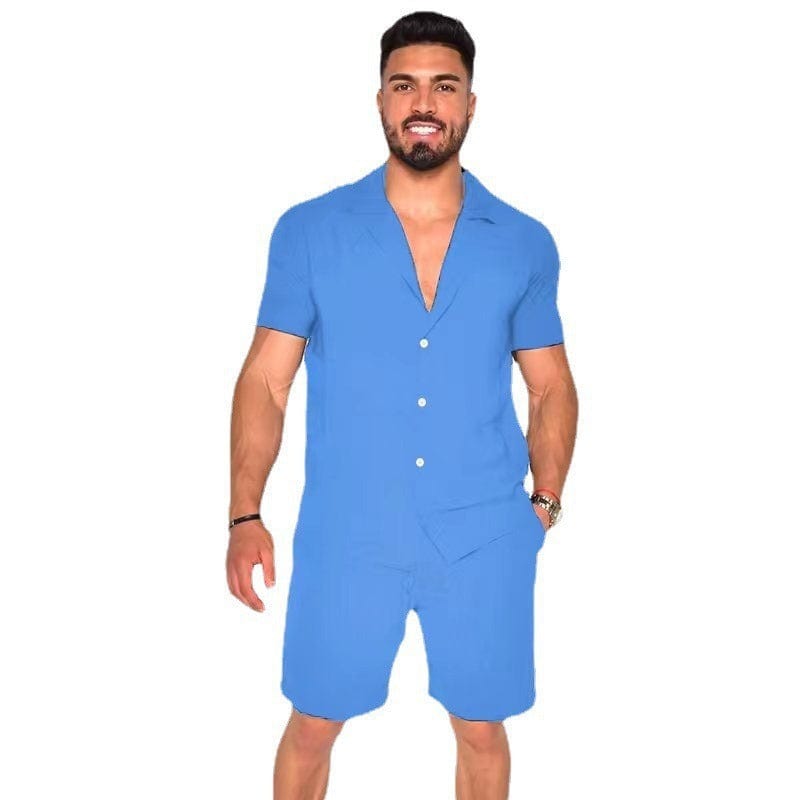 Traje corto de manga corta de color sólido de lino y algodón con solapa de verano para hombre