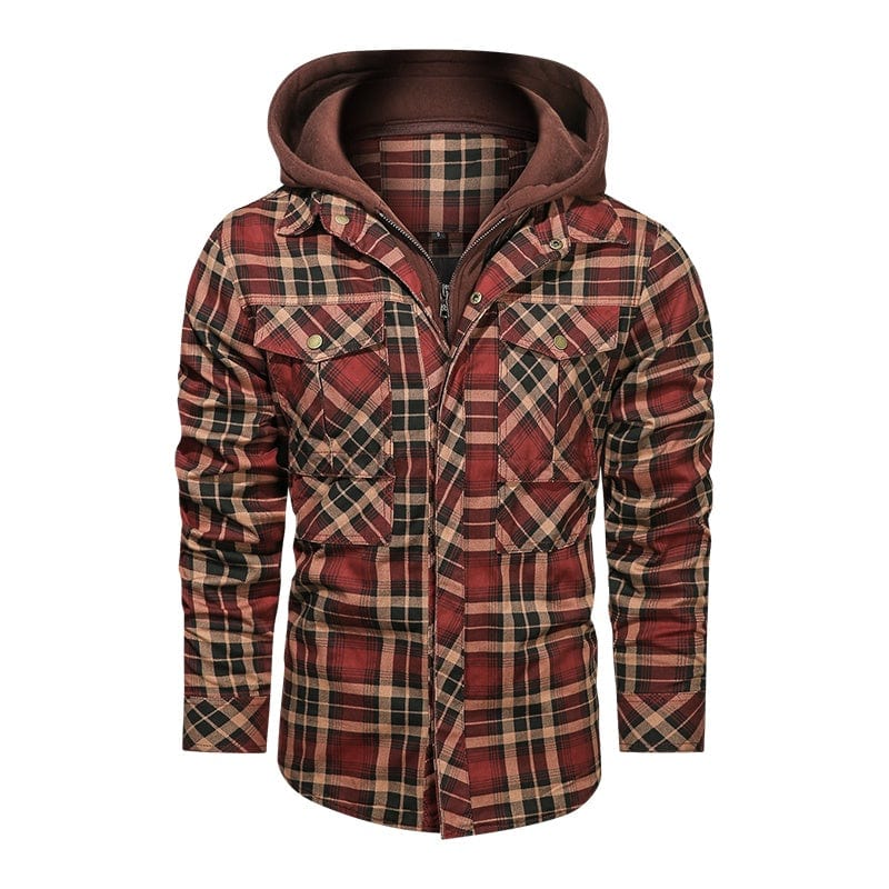 Chaqueta a cuadros de manga larga para hombre Chaquetas con capucha desmontables de forro polar de ajuste regular