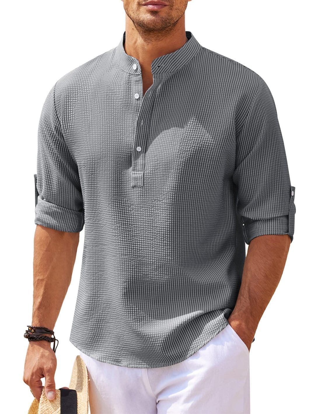 Chemise décontractée à manches longues pour hommes, col montant, couleur unie, vêtements pour hommes