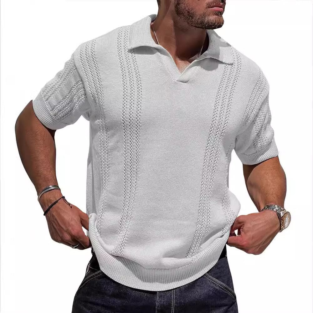 European And American Fashion Men's Knitted Polo Shirt Short Sleeve V-neck Hollow