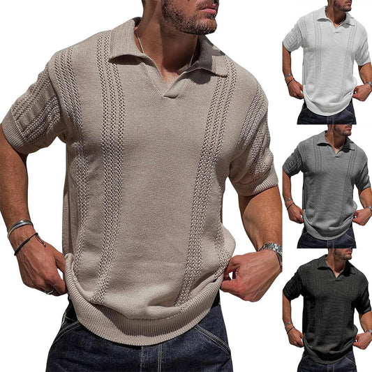 Polo de punto para hombre, moda europea y americana, manga corta, cuello en V, hueco