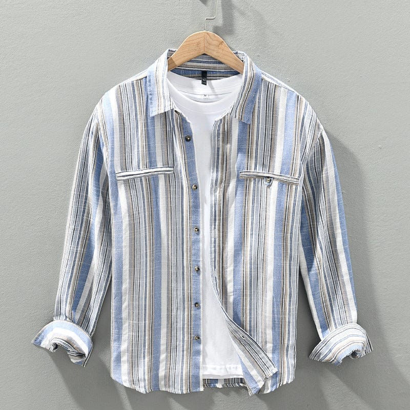 Camisa de manga larga a rayas de moda de algodón y lino para hombre