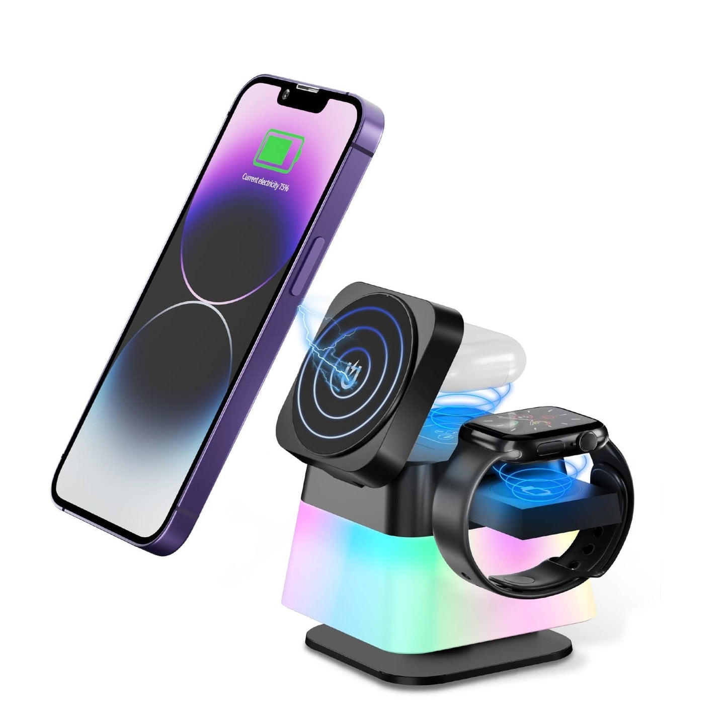 4 In 1 Rotatable Colorful Lighting Wireless Charger Stand For Phone 15 14 13 12 Pro Max 8 7 Holder Magnetic Fast Charging Station.