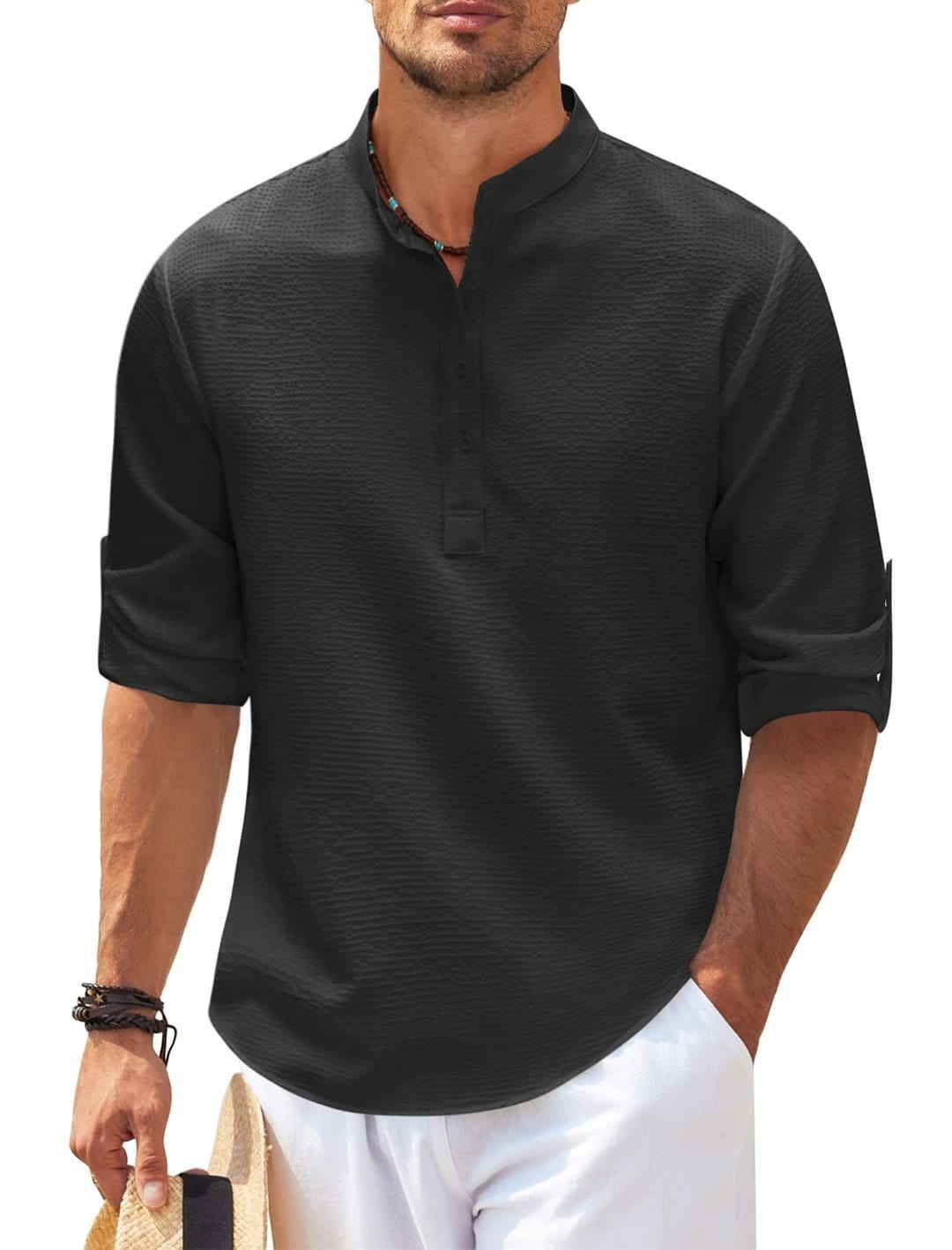 Men's Casual Shirt Long Sleeve Stand Collar Solid Color Shirt Mens Clothing