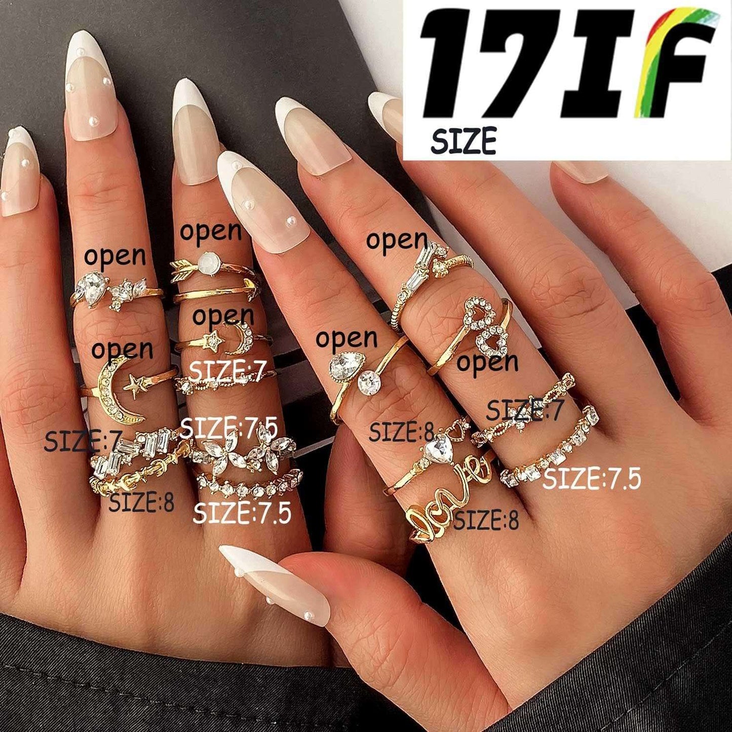 17IF Gold Boho Sparkle Knuckle Rings Set For Women Girl, Vintage Fashion Aesthetic Trendy Joint Snake Ring Pack, Retro Pink Rhinestone Assorted Moon Star Crystal Love Leaf Diamond Pearl Jewelry Xpress