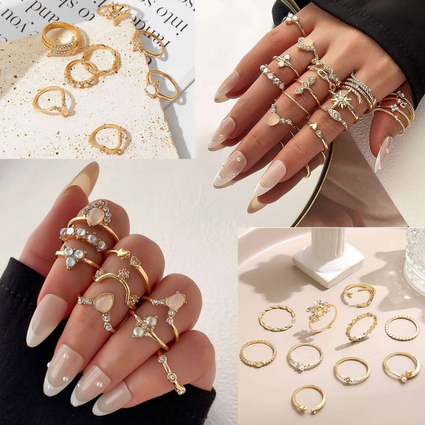 17IF Gold Boho Sparkle Knuckle Rings Set For Women Girl, Vintage Fashion Aesthetic Trendy Joint Snake Ring Pack, Retro Pink Rhinestone Assorted Moon Star Crystal Love Leaf Diamond Pearl Jewelry Xpress