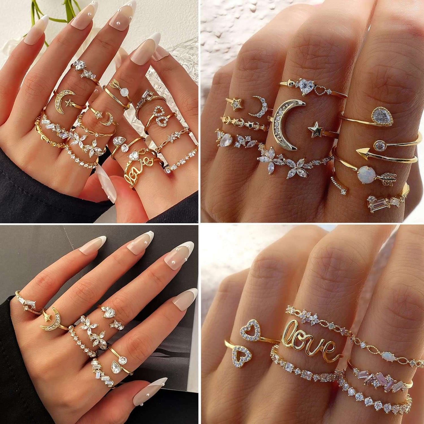 17IF Gold Boho Sparkle Knuckle Rings Set For Women Girl, Vintage Fashion Aesthetic Trendy Joint Snake Ring Pack, Retro Pink Rhinestone Assorted Moon Star Crystal Love Leaf Diamond Pearl Jewelry Xpress