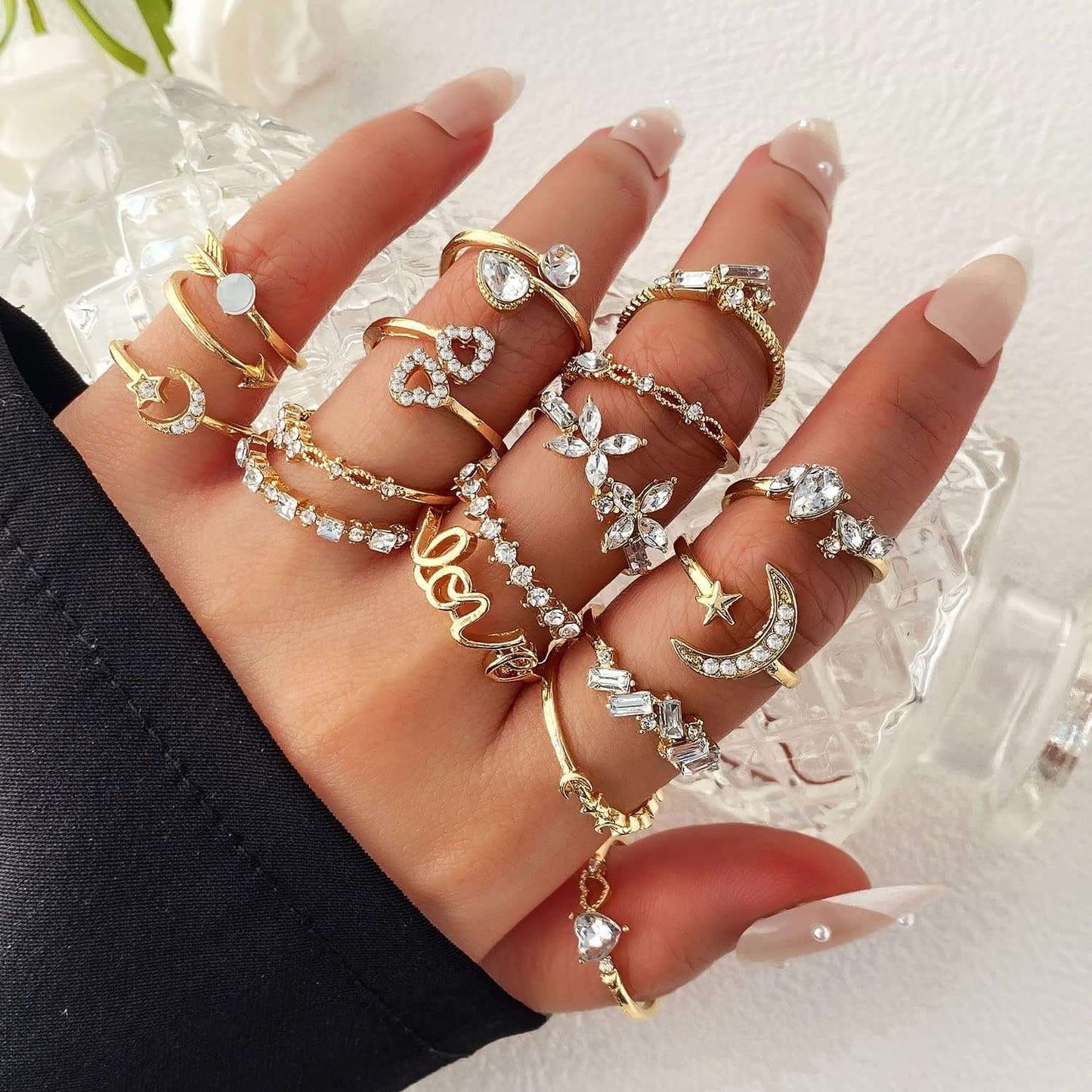 17IF Gold Boho Sparkle Knuckle Rings Set For Women Girl, Vintage Fashion Aesthetic Trendy Joint Snake Ring Pack, Retro Pink Rhinestone Assorted Moon Star Crystal Love Leaf Diamond Pearl Jewelry Xpress