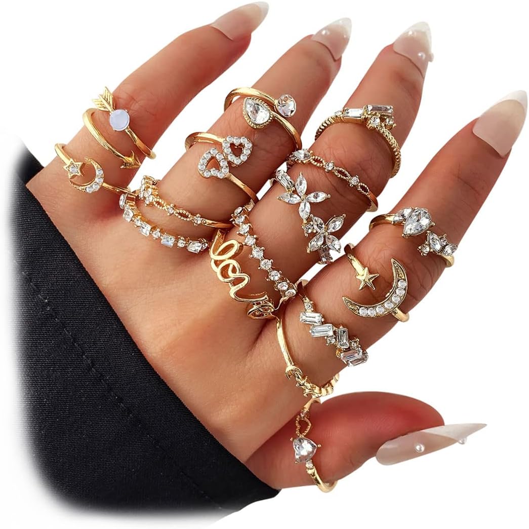 17IF Gold Boho Sparkle Knuckle Rings Set For Women Girl, Vintage Fashion Aesthetic Trendy Joint Snake Ring Pack, Retro Pink Rhinestone Assorted Moon Star Crystal Love Leaf Diamond Pearl Jewelry Xpress