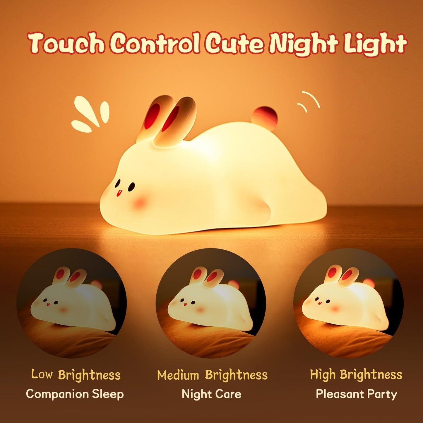 Linda luz nocturna LED con sensor táctil, luces nocturnas para niños de dibujos animados, cara grande, conejo, luz nocturna de silicona, regalo de Navidad, lámpara de noche, decoración del hogar