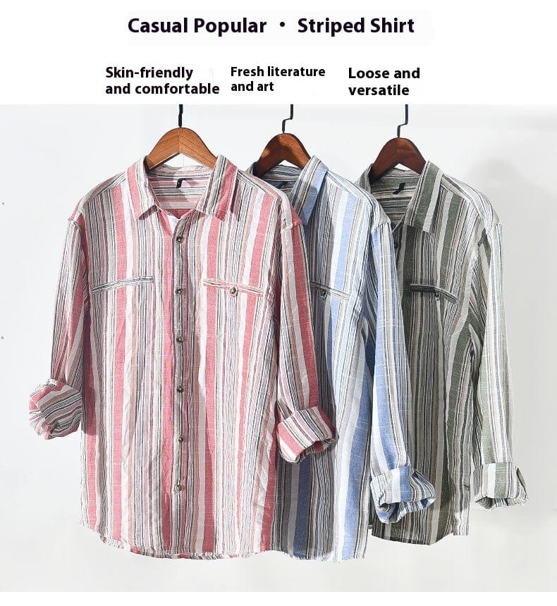 Fashion Striped Long Sleeves Shirt Men's Cotton And Linen