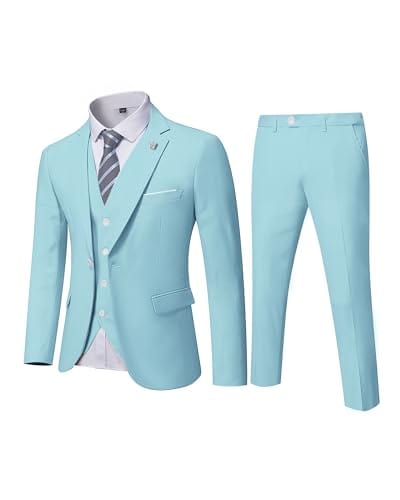 MYS Men's 3 Piece Slim Fit Suit Set, One Button Solid Jacket Vest Pants with Tie