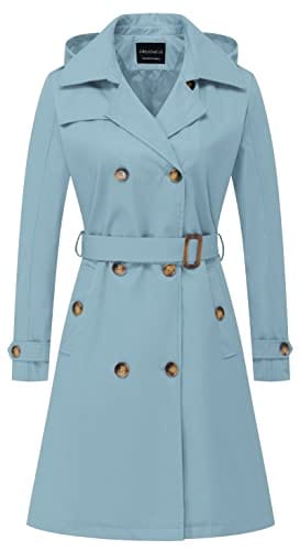 CREATMO US Trench Long Femme Double Boutonnage Classique Revers Pardessus Ceinturé Mince Manteau d'extérieur avec Capuche Amovible