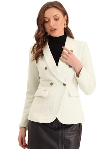 Allegra K Blazer de Tweed para Mujer con Solapa de Muesca, Chaqueta a Cuadros con Doble Botonadura, Blazer de Trabajo y Oficina 