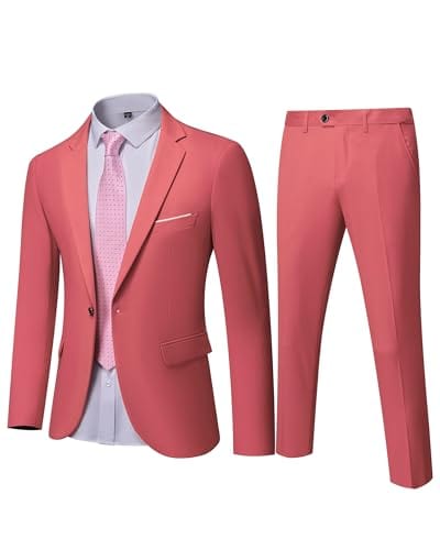 YND Men's Slim Fit 2 Piece Suit, One Button Solid Jacket Pants Set with Tie