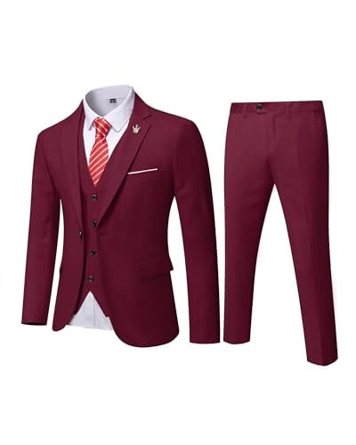 MYS Men's 3 Piece Slim Fit Suit Set, One Button Solid Jacket Vest Pants with Tie