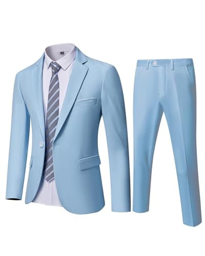 YND Men's Slim Fit 2 Piece Suit, One Button Solid Jacket Pants Set with Tie