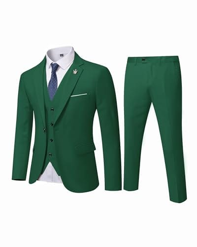 MYS Men's 3 Piece Slim Fit Suit Set, One Button Solid Jacket Vest Pants with Tie