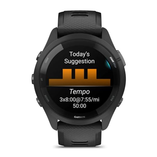 Montre intelligente de course Garmin Forerunner 265, écran AMOLED coloré, mesures d'entraînement et informations de récupération, pierre blanche et bleu marée 