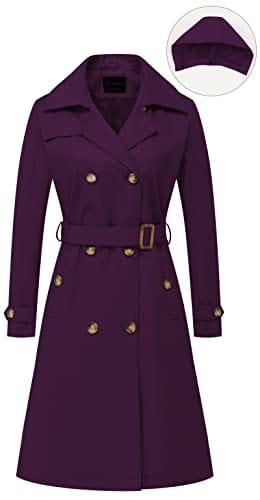 CREATMO US Trench Long Femme Double Boutonnage Classique Revers Pardessus Ceinturé Mince Manteau d'extérieur avec Capuche Amovible