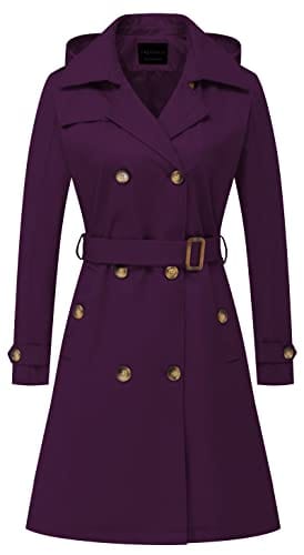 CREATMO US Women's Long Trench Coat Double-Breasted Classic Lapel Overcoat Belted Slim Outerwear Coat with Detachable Hood