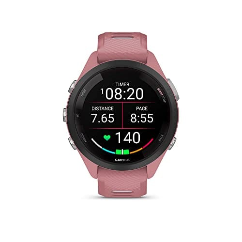 Montre intelligente de course Garmin Forerunner 265, écran AMOLED coloré, mesures d'entraînement et informations de récupération, pierre blanche et bleu marée 