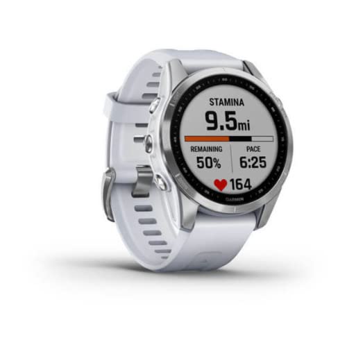 Garmin fenix 7S, smaller sized adventure smartwatch, rugged outdoor watch with GPS, touchscreen, health and wellness features, silver with graphite band, 010-02539-00