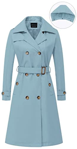 CREATMO US Women's Long Trench Coat Double-Breasted Classic Lapel Overcoat Belted Slim Outerwear Coat with Detachable Hood