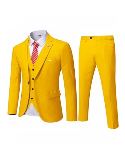 MYS Men's 3 Piece Slim Fit Suit Set, One Button Solid Jacket Vest Pants with Tie