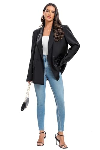 Women's Oversized Double-Breasted Suit Blazer Jacket Long Sleeve Casual Boyfriend Style Work Office Blazer with Pockets