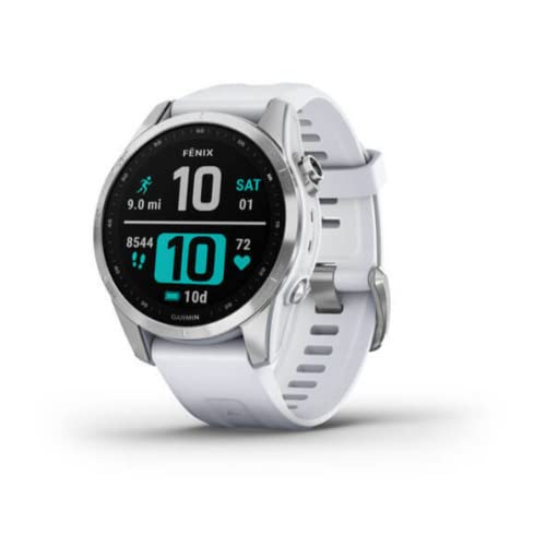 Garmin fenix 7S, smaller sized adventure smartwatch, rugged outdoor watch with GPS, touchscreen, health and wellness features, silver with graphite band, 010-02539-00