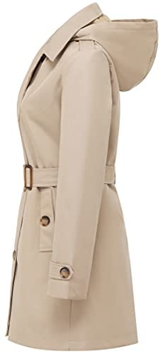 Chrisuno Trench-coat mi-long à double boutonnage pour femme avec ceinture et capuche amovible 