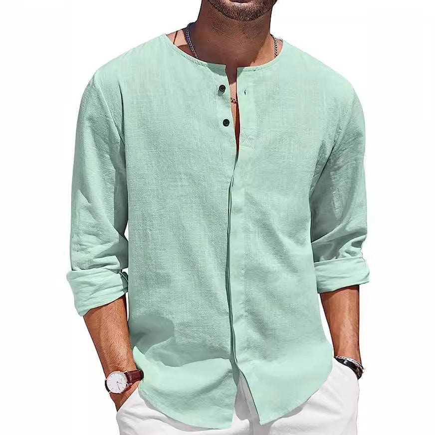 Camiseta de lino y algodón para hombre, cuello decorado con botones, camisa de playa informal