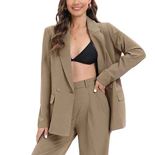 Women's Oversized Double-Breasted Suit Blazer Jacket Long Sleeve Casual Boyfriend Style Work Office Blazer with Pockets