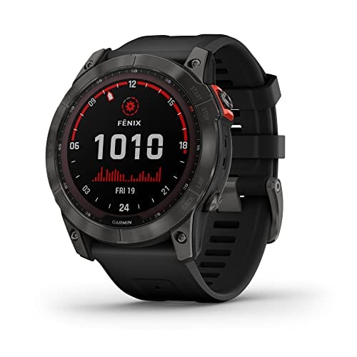 Garmin fenix 7S, smaller sized adventure smartwatch, rugged outdoor watch with GPS, touchscreen, health and wellness features, silver with graphite band, 010-02539-00