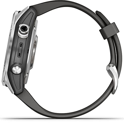 Garmin fenix 7S, reloj inteligente de aventuras de tamaño más pequeño, reloj resistente para exteriores con GPS, pantalla táctil, funciones de salud y bienestar, plateado con correa de grafito, 010-02539-00 