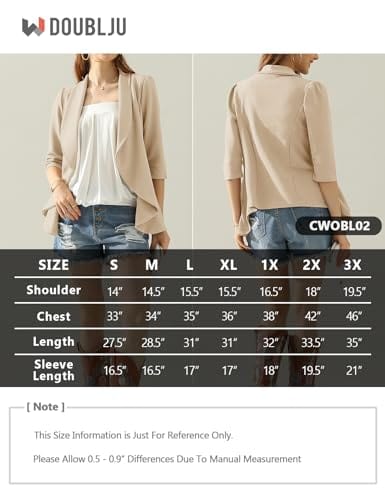 DOUBLJU Lightweight Thin 3/4 Sleeve Open Front Blazer Business Casual Deconstructed Jackets for Womens Clothes with Plus Size