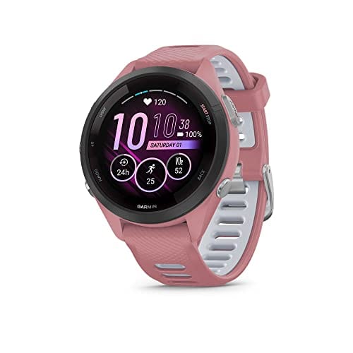 Montre intelligente de course Garmin Forerunner 265, écran AMOLED coloré, mesures d'entraînement et informations de récupération, pierre blanche et bleu marée 