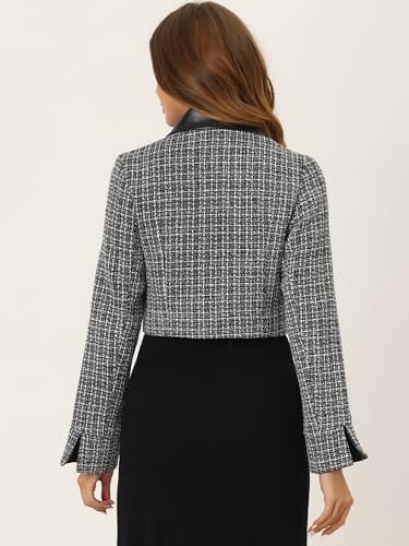 Allegra K Tweed Plaid Blazer for Women's Contrast Collar Double Breasted Vintage Cropped Jackets