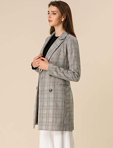 Allegra K Women's Double Breasted Notched Lapel Plaid Trench Blazer Coat