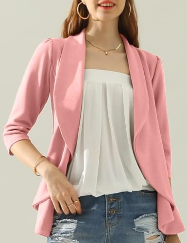 DOUBLJU Blazer léger et fin à manches 3/4 ouvert sur le devant - Veste déconstruite décontractée pour femme - Vêtements de grande taille 