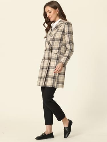 Allegra K Women's Double Breasted Notched Lapel Plaid Trench Blazer Coat