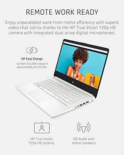 Ordinateur portable HP 14, Intel Celeron N4020, 4 Go de RAM, 64 Go de stockage, écran HD micro-bord de 14 pouces, Windows 11 Famille, fin et portable, graphiques 4K, un an de Microsoft 365 (14-dq0040nr, blanc flocon de neige) 