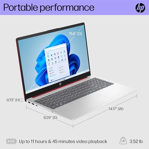 Ordinateur portable HP 15,6" (comprend 1 an Microsoft 365), écran HD, processeur Intel Quad-Core N200, 16 Go de RAM, 128 Go de stockage, Wi-Fi 5, webcam, HDMI, pavé numérique, Windows 11 Famille, rouge 