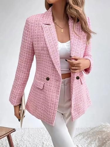 chouyatou Women's Double Breasted Tweed Blazer Jacket Business Casual Dressy Blazer Office Work Suits