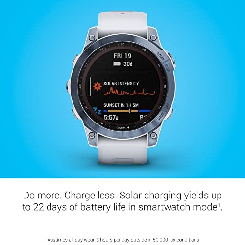 Garmin fenix 7S, smaller sized adventure smartwatch, rugged outdoor watch with GPS, touchscreen, health and wellness features, silver with graphite band, 010-02539-00