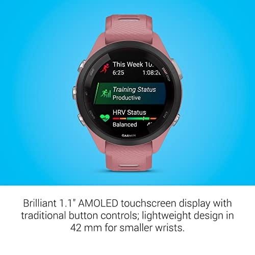 Reloj inteligente para correr Garmin Forerunner 265, pantalla AMOLED colorida, métricas de entrenamiento e información de recuperación, Whitestone y Tidal Blue 