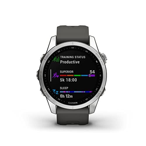 Garmin fenix 7S, smaller sized adventure smartwatch, rugged outdoor watch with GPS, touchscreen, health and wellness features, silver with graphite band, 010-02539-00